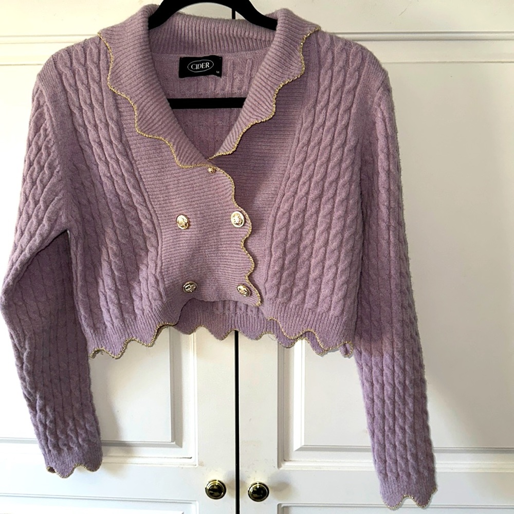 Cider feminine Crop Lightweight cable knit Cardigan Sweater lavender gold
